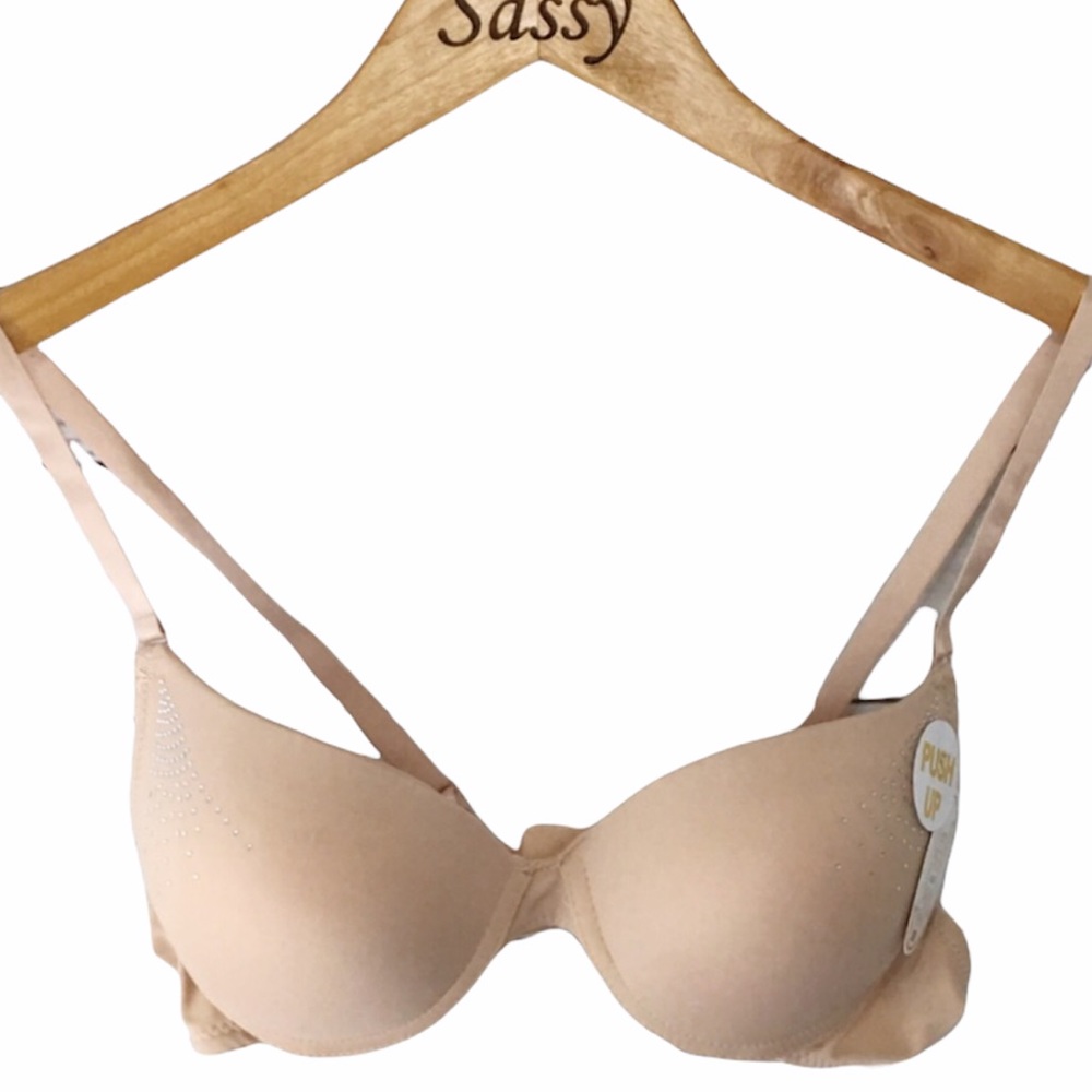 Rhinestone Detail Padded Push-Up Bra 36B Nude NWT